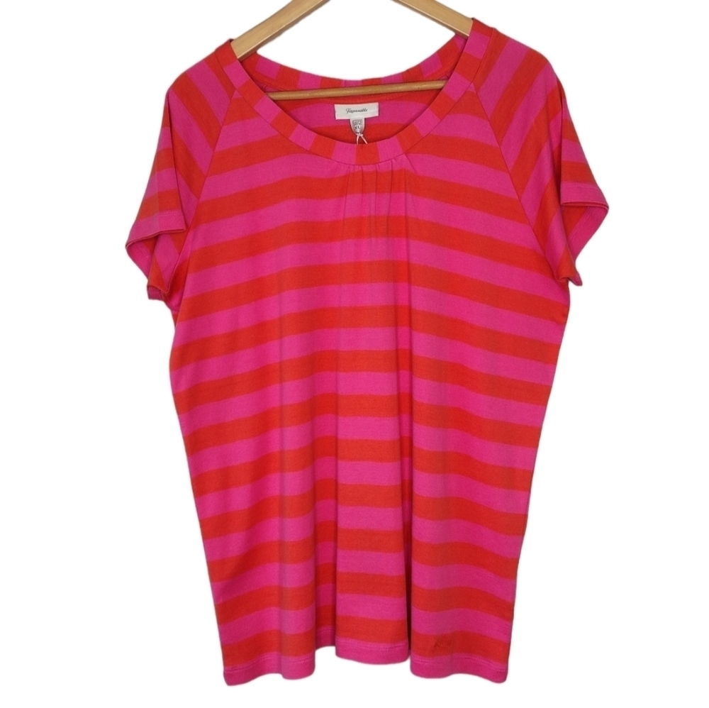 NWT Faconnable Maille Multicolor Orange Striped Short Sleeve Casual Shirt Sz XL